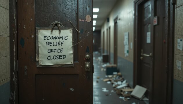 Economic Relief Office Closed Sign in Abandoned Government Hallway