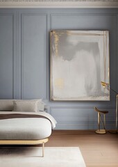 Luxurious Neoclassical Bedroom with Dusty Blue-Grey Walls, Gold Accents, and Ambient Lighting