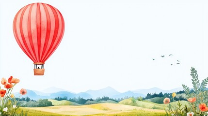 Obraz premium Scenic Watercolor Hot Air Balloon in Vibrant Landscape with Flowers and Mountains
