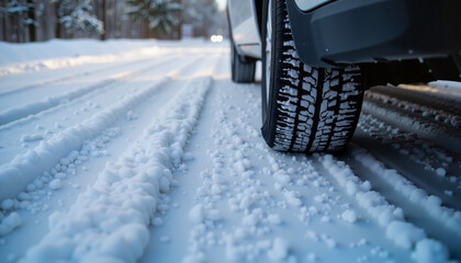 Car tire gripping snowy road, icy conditions