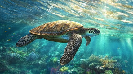 Obraz premium Majestic Sea Turtle Swimming in Crystal-Clear Turquoise Waters with Vibrant Coral Reef and Sunlight Patterns