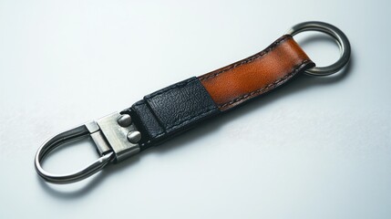 A stylish keychain with a leather strap and silver accents on a white surface.