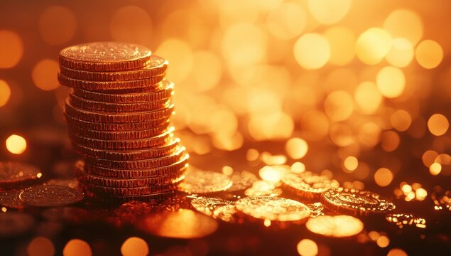 Golden coins stacked in a tower on a bed of scattered coins, warm golden light highlights the coins, creating a bokeh effect in the background