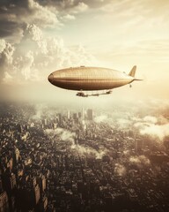 Pixelated airship soaring above a cityscape with dramatic clouds and warm sunlight creating a vintage or retro feel. The pixelated style gives an unreal atmosphere