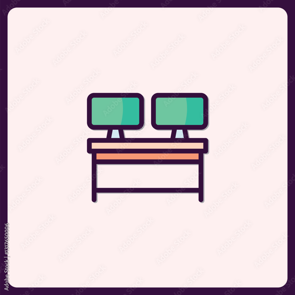 Poster minimalistic desk setup with dual monitors icon for modern workspace design