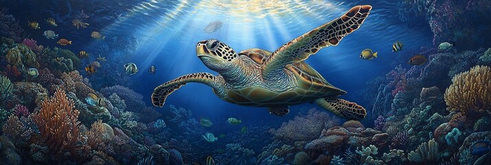 Obraz premium Rare Green Sea Turtle Swimming Above Vibrant Coral Reef with Sunlight Rays and Tropical Fish in Crystal Clear Ocean
