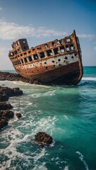 Abandoned shipwreck on the West African coast.