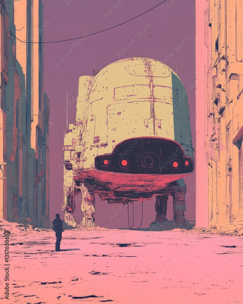 Aufkleber pixelated cityscape with towering structures and a large vehicle against a dusky sky in a retro styl