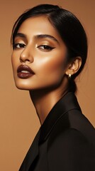 Elegant South Asian Supermodel in Modern Blazer with Glossy Berry Lips &ndash; Studio Editorial Portrait