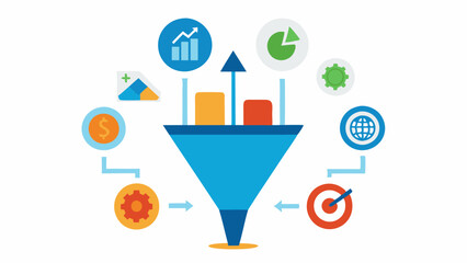 Funnel Diagram A funnel illustration showing a mix of various icons stocks bonds alternative investments being poured into a larger container labeled Diverse Investment Strategy.