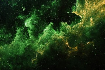 Fototapeta premium Emerald cloud; celestial. Green, gold nebula glows amidst stars