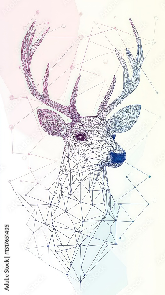 Poster abstract digital art of a deer head composed of pixelated dots and lines. the deer face is centered 