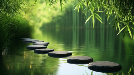 Tranquil Zen Landscape with Stepping Stones, Bamboo Leaves, and Glassy Water Reflection – Perfect for Relaxation & Mindfulness Backgrounds
