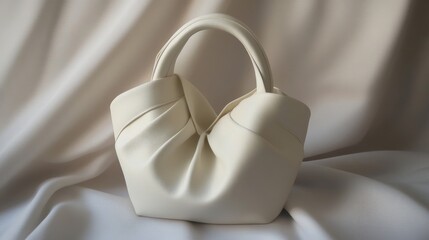 A white bucket bag with subtle detailing resting on a linen cloth with gentle folds
