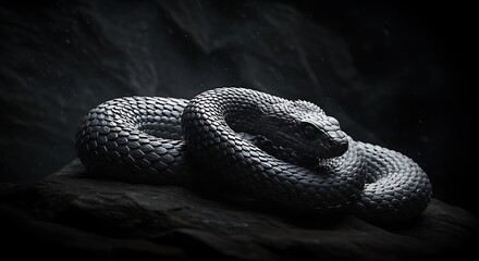 Coiled Snake Resting on Dark Stone with Textured Scales