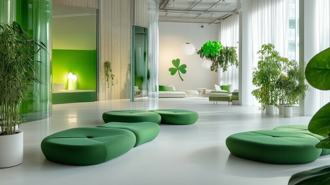 Minimalist Design Showroom with St. Patrick's Day Aesthetic, Green Accents and Modern Furniture - Powered by Adobe