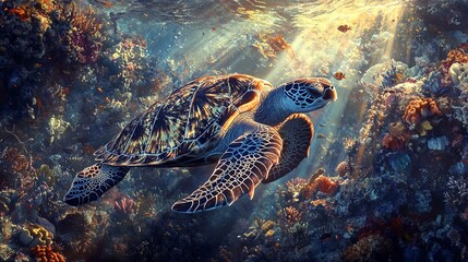 Obraz premium Endangered Hawksbill Sea Turtle in Vibrant Coral Reef with Sunlight Beams, Ultra-Realistic Marine Life Photography
