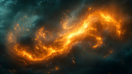 Fototapeta premium Fiery nebula swirls through cosmic clouds. Intricate patterns of orange-yellow flames against dark, swirling nebulae, speckled with distant stars
