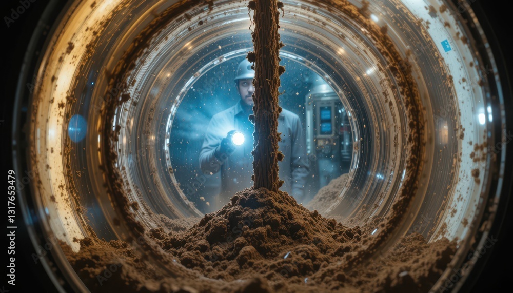 Poster scientist exploring dusty container with flashlight in laboratory