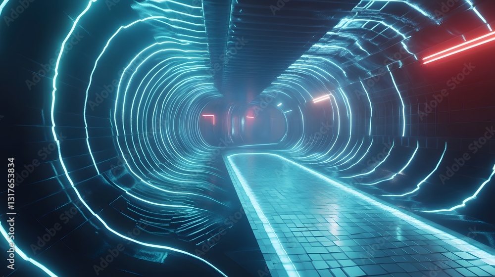 Poster an abstract view of a tunnel with neon lighting, creating a futuristic atmosphere. the tunnel appear
