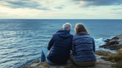 Fototapeta premium Senior couple enjoying ocean view at sunset from cliff