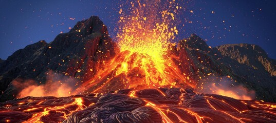 Spectacular volcanic eruption  lava cascading down a majestic mountain landscape