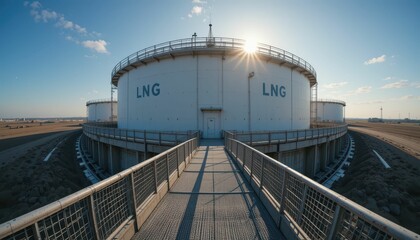 Obraz premium Industrial LNG Storage Tanks Under Bright Blue Sky with Sunlight