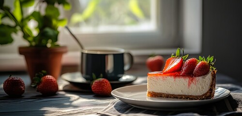Slice of creamy cheesecake with strawberry topping on a white plate