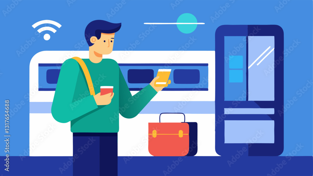 Poster tap to pay at transportation a commuter using a smartphone with an nfc symbol over a ticket reader a