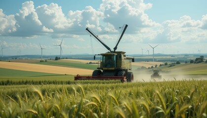 Fototapeta premium Harvesting Machinery on Green Field with Wind Turbines in Background