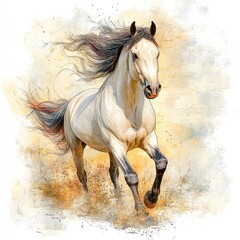 Vibrant watercolor horse with flowing mane and tail, detailed and expressive animal portrait for design and print, animal and nature concept