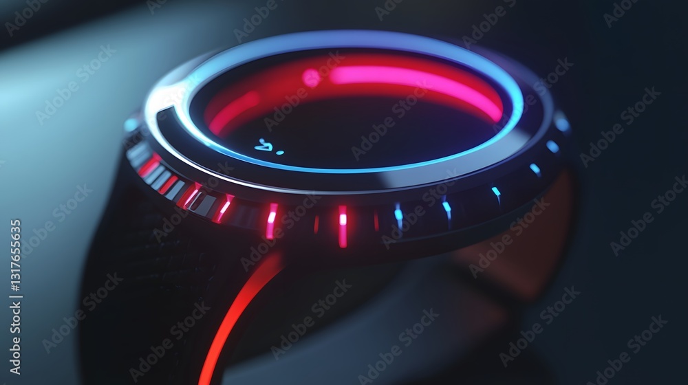 Poster a modern smartwatch with a sleek design and a colorful display. the watch is glowing with blue and r