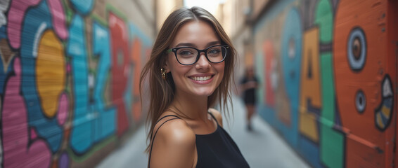 Artistic Graffiti Alley: A Vibrant Portrait of a Cheerful Young Caucasian Woman Wearing Glasses