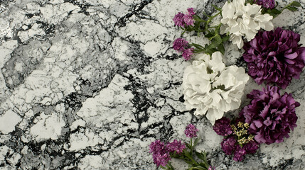 White and purple flowers on marble background; floral design for websites or cards