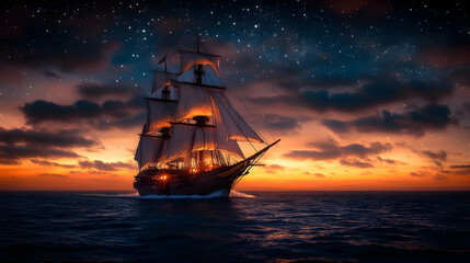 Obraz premium Grand sailing vessel at sunset