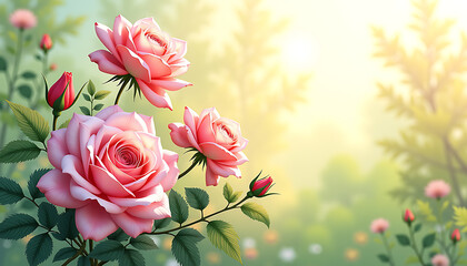 Fragrant pink roses in the garden in sunlight on a green background