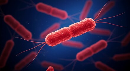 Close-up View of Red Bacteria Cells with Flagella Moving in Fluid