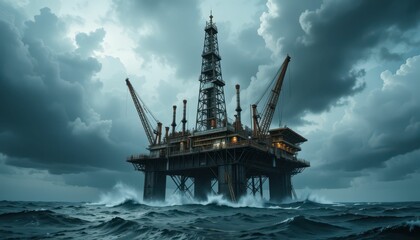 Fototapeta premium Oil Rig Offshore Under Dramatic Stormy Sky with Rough Seas