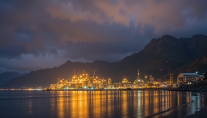 Fototapeta premium Industrial Cityscape at Night with Reflections on Water Surface