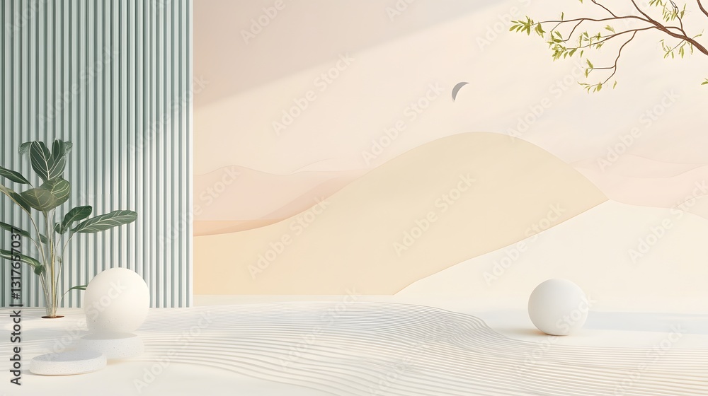 Poster a minimalist scene in a studio features geometric shapes and soft lighting, with hints of nature ele