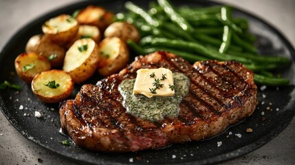 Grilled steak, topped with herb butter, served with potatoes and green beans on a plate
