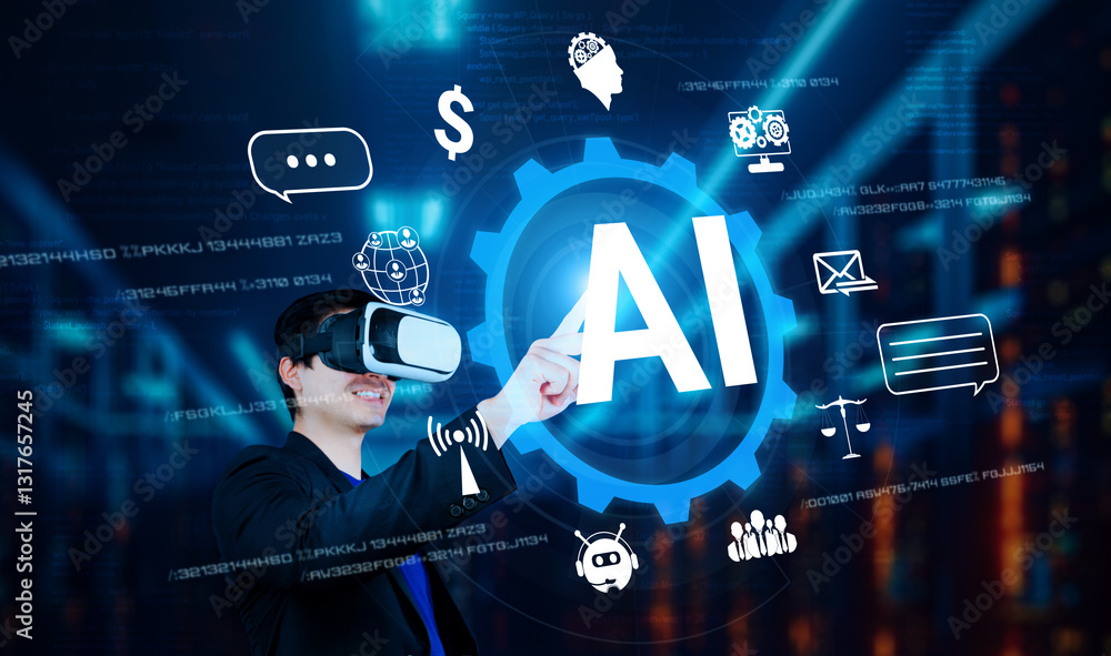 Poster businessman with headset standing at data center while using ai assistance. project manager pointing