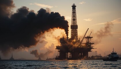 Obraz premium Oil Rig at Sunset Emitting Smoke Over Water with Dramatic Clouds