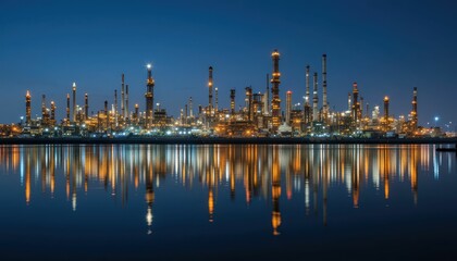 Naklejka premium Nighttime Cityscape with Industrial Oil Refinery and Reflections
