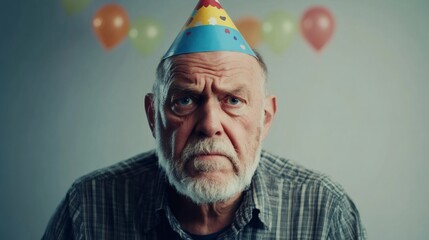 Grumpy senior man wearing party hat celebrating birthday alone