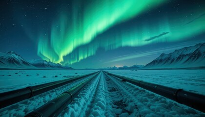 Fototapeta premium Majestic Northern Lights Over Snowy Landscape and Pipeline
