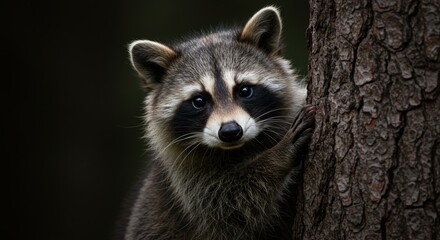 Obraz premium Raccoon Peeking from Behind a Tree Trunk
