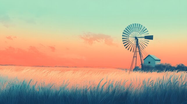 a rural scene with a windmill and small building standing on a grassy field under a colorful sky, evoking a sense of tranquility and rural charm
