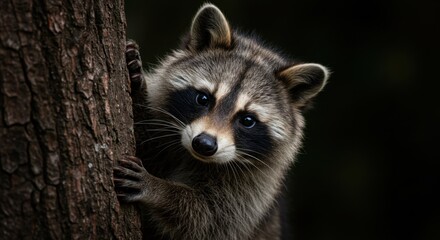 Fototapeta premium Raccoon Peeking from Behind Tree Trunk