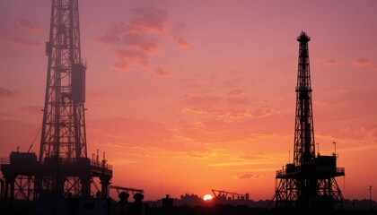 Obraz premium Silhouettes of Oil Rigs Against a Colorful Sunset Sky Landscape